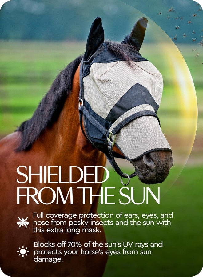 HORZE Horse Fly Mask with Nose Cover and Ears | Durable Micro Mesh with UV Protection - Light Brown/Black - Cob - Image 4